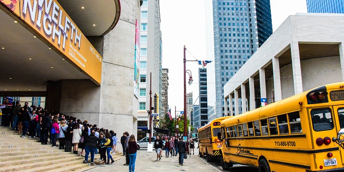 Students waiting outside Alley Theatre to enter and see the Student Matinee performance of Twelfth Night.