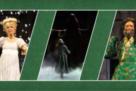 Photo collage of Ghost of Christmas Past, Ebenezer Scrooge with the Ghost of Christmas Future, and Ghost of Christmas Present