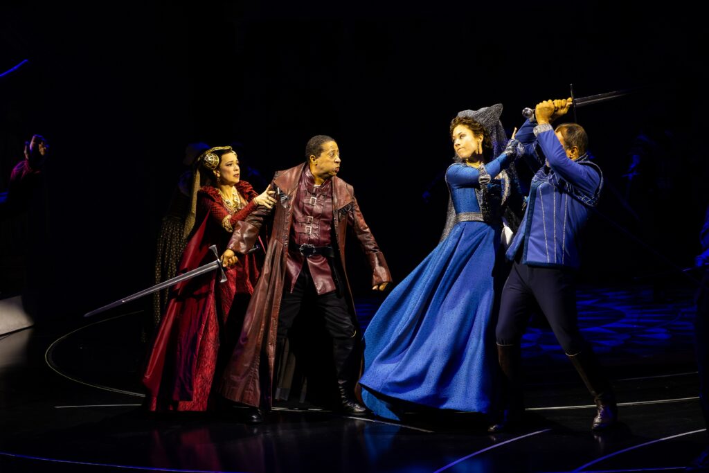 Elizabeth Bunch, David Rainey, Allison Pistorius, and Orlando Arriaga in Alley Theatre’s production of Romeo and Juliet.