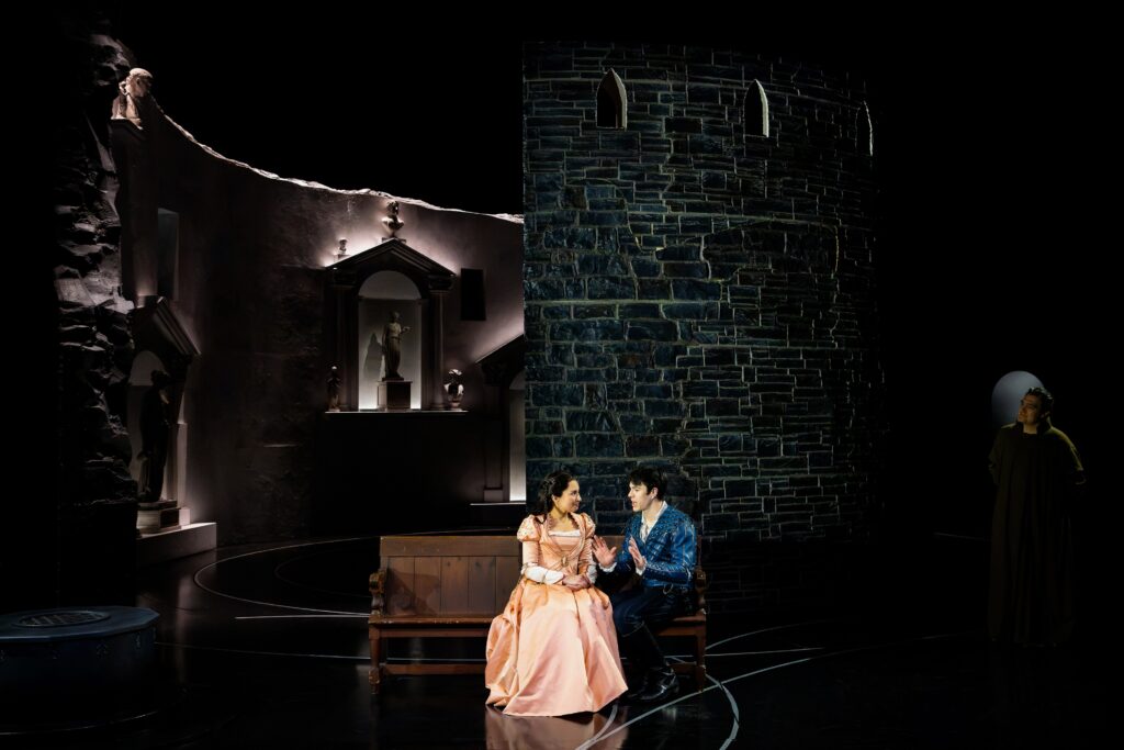 Melissa Molano, Rob B. Kellogg, and Christopher Salazar in Alley Theatre’s production of Romeo and Juliet.